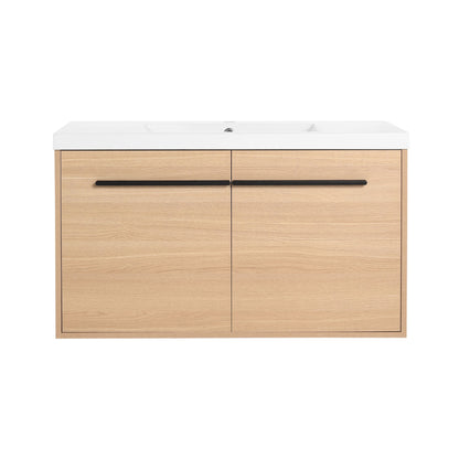 36" Wall Mounted Bathroom Vanity with Resin Basin, Natural Oak Finish, Double Door Plywood Cabinet, Modern Floating Vani image 15