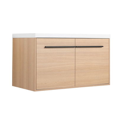 36" Wall Mounted Bathroom Vanity with Resin Basin, Natural Oak Finish, Double Door Plywood Cabinet, Modern Floating Vani image 16