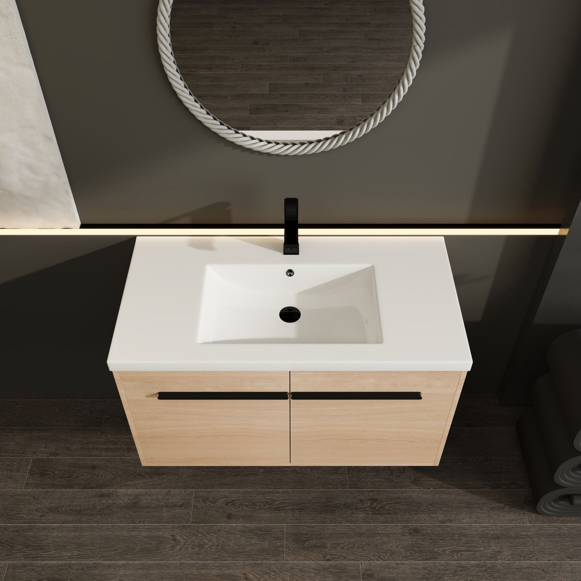 36" Wall Mounted Bathroom Vanity with Resin Basin, Natural Oak Finish, Double Door Plywood Cabinet, Modern Floating Vani image 7