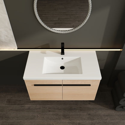 36" Wall Mounted Bathroom Vanity with Resin Basin, Natural Oak Finish, Double Door Plywood Cabinet, Modern Floating Vani image 7