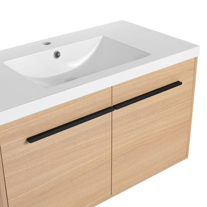 36" Wall Mounted Bathroom Vanity with Resin Basin, Natural Oak Finish, Double Door Plywood Cabinet, Modern Floating Vani image 20