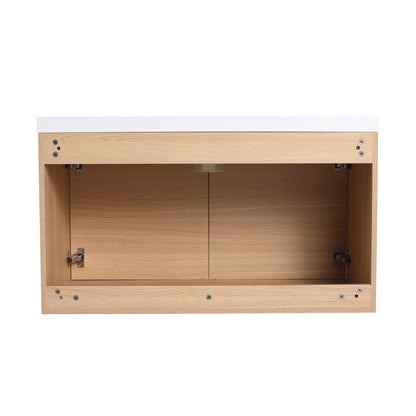 36" Wall Mounted Bathroom Vanity with Resin Basin, Natural Oak Finish, Double Door Plywood Cabinet, Modern Floating Vani image 19