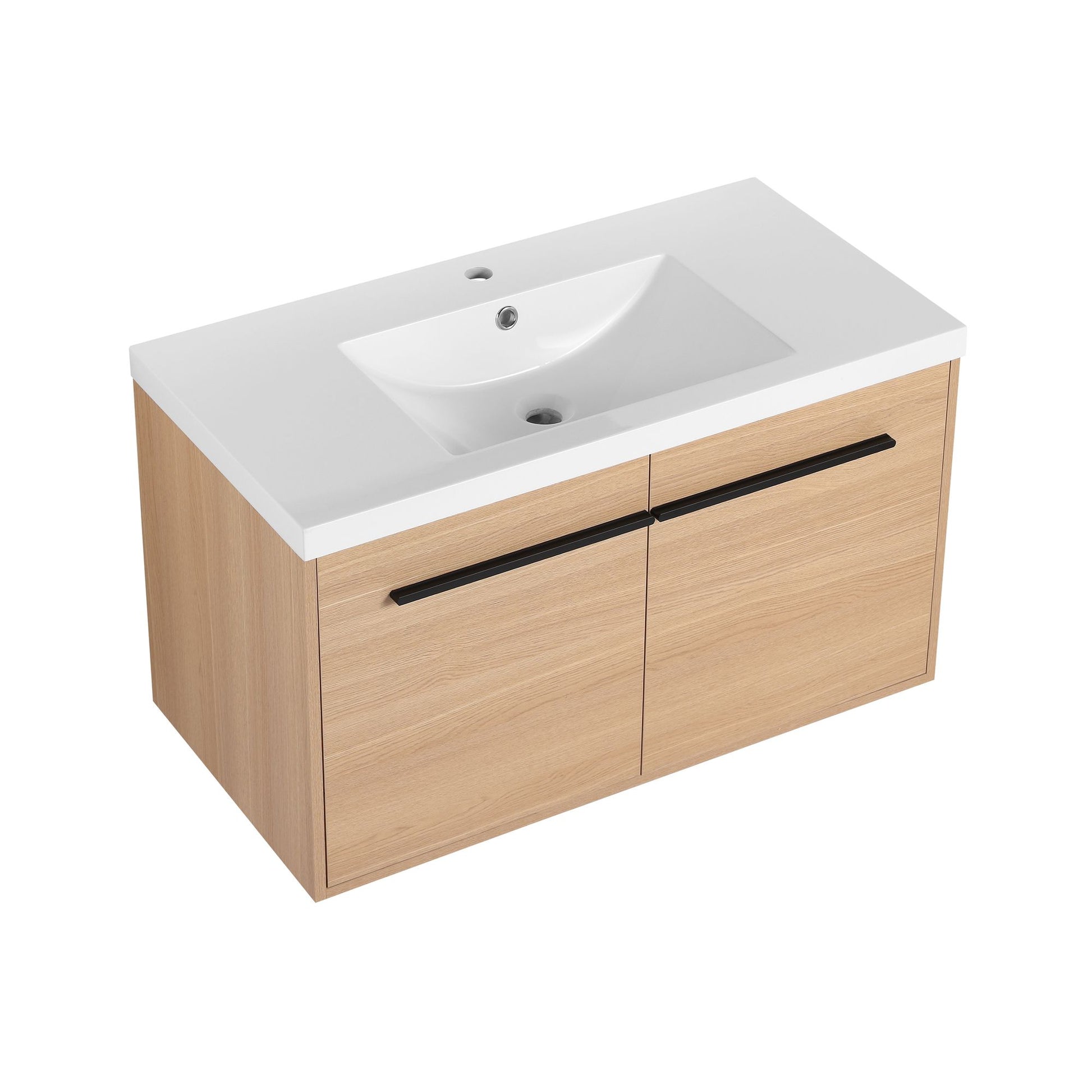 36" Wall Mounted Bathroom Vanity with Resin Basin, Natural Oak Finish, Double Door Plywood Cabinet, Modern Floating Vani image 17