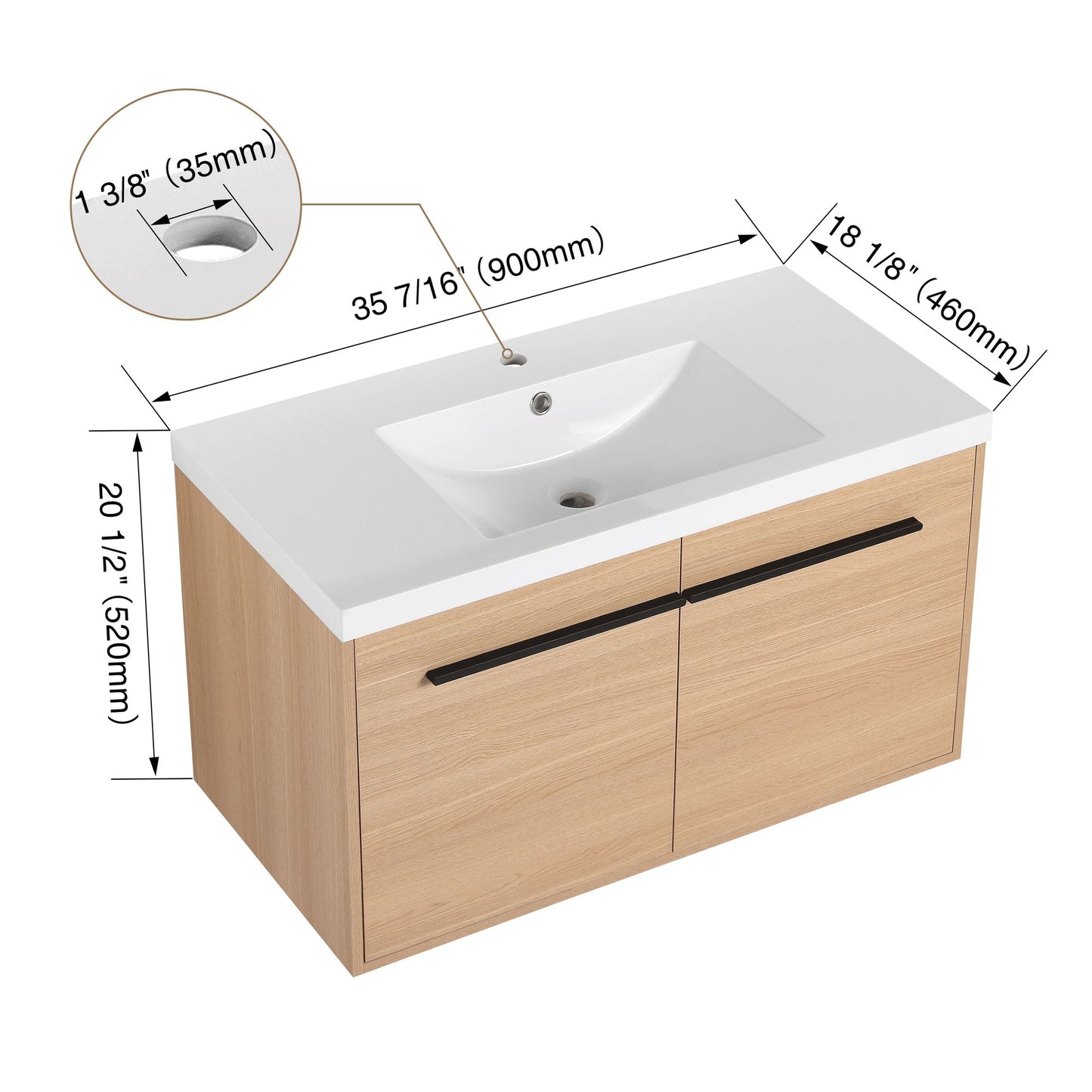 36" Wall Mounted Bathroom Vanity with Resin Basin, Natural Oak Finish, Double Door Plywood Cabinet, Modern Floating Vani image 14