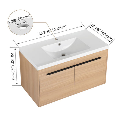 36" Wall Mounted Bathroom Vanity with Resin Basin, Natural Oak Finish, Double Door Plywood Cabinet, Modern Floating Vani image 14