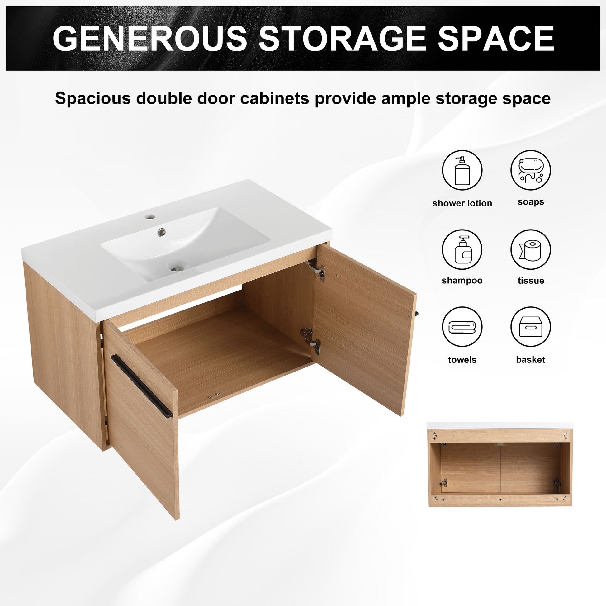 36" Wall Mounted Bathroom Vanity with Resin Basin, Natural Oak Finish, Double Door Plywood Cabinet, Modern Floating Vani image 12