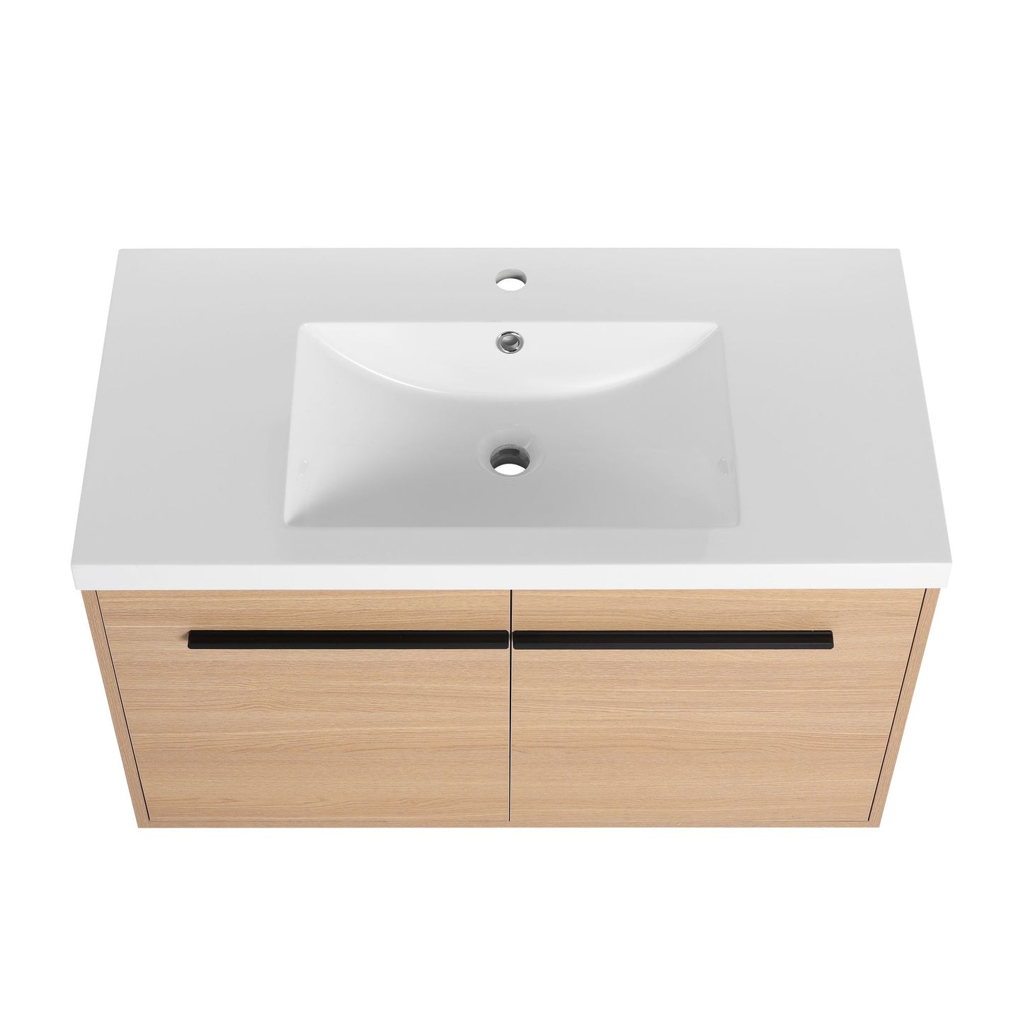 36" Wall Mounted Bathroom Vanity with Resin Basin, Natural Oak Finish, Double Door Plywood Cabinet, Modern Floating Vani image 18