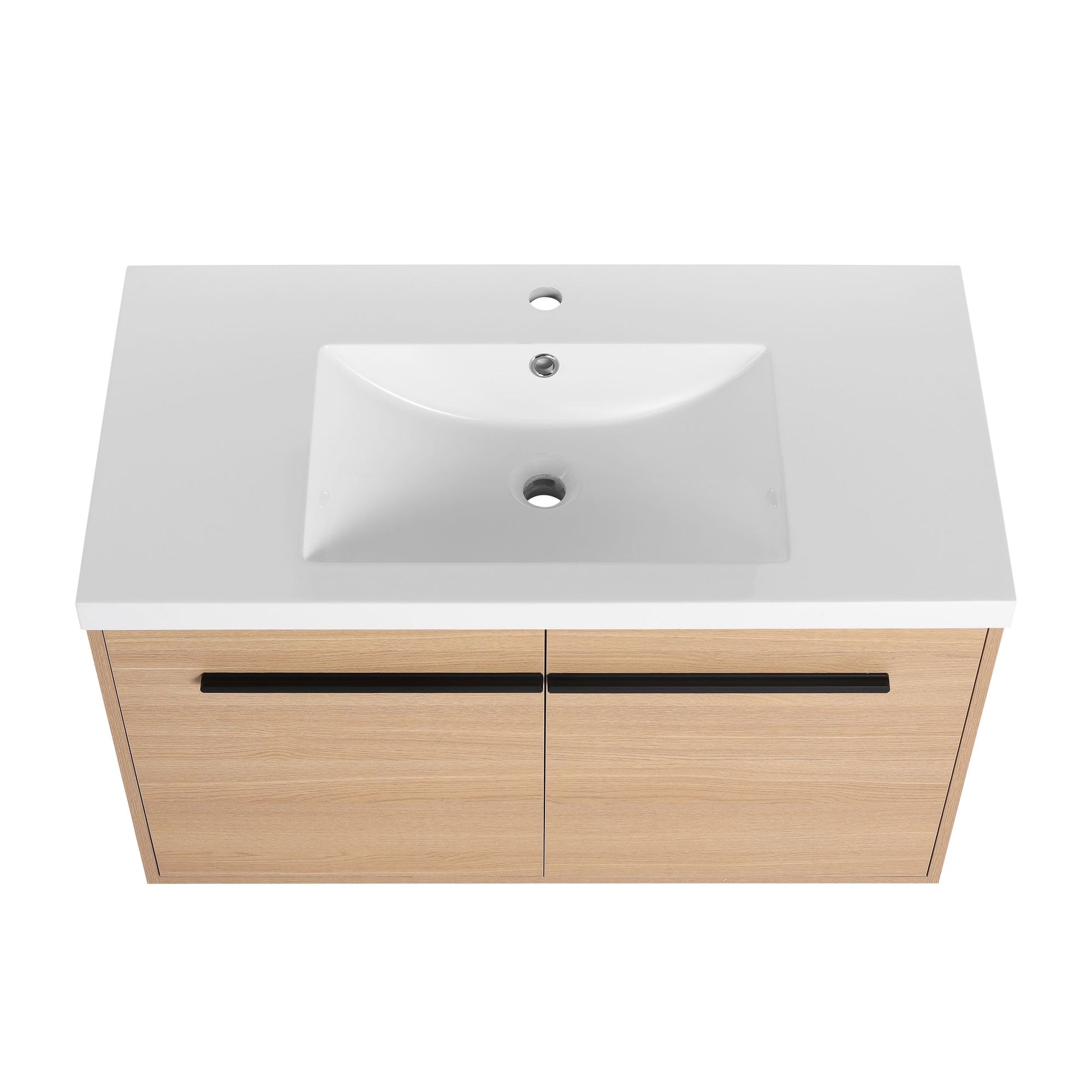 36" Wall Mounted Bathroom Vanity with Resin Basin, Natural Oak Finish, Double Door Plywood Cabinet, Modern Floating Vani image 18