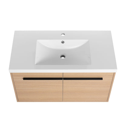 36" Wall Mounted Bathroom Vanity with Resin Basin, Natural Oak Finish, Double Door Plywood Cabinet, Modern Floating Vani image 18