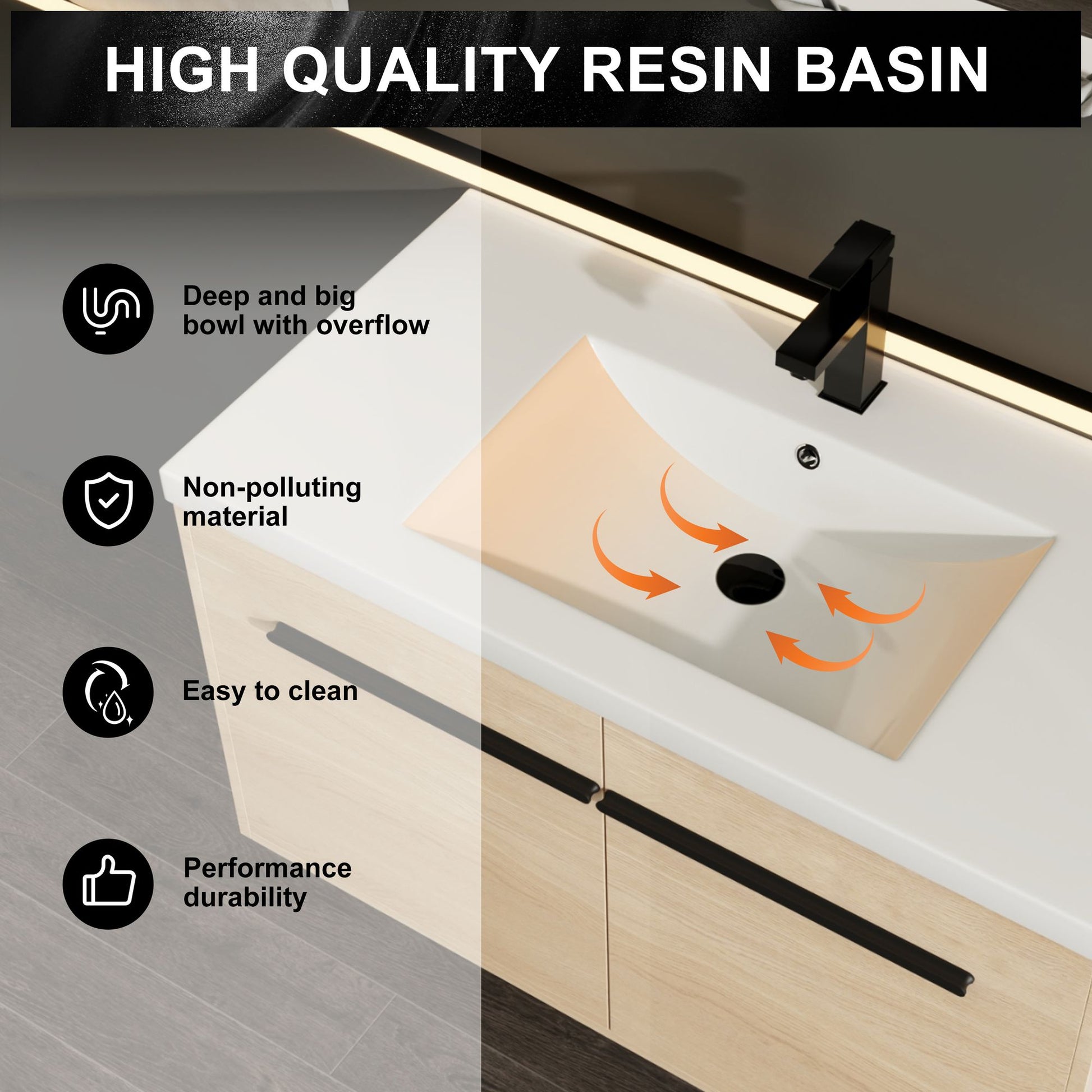 36" Wall Mounted Bathroom Vanity with Resin Basin, Natural Oak Finish, Double Door Plywood Cabinet, Modern Floating Vani image 9
