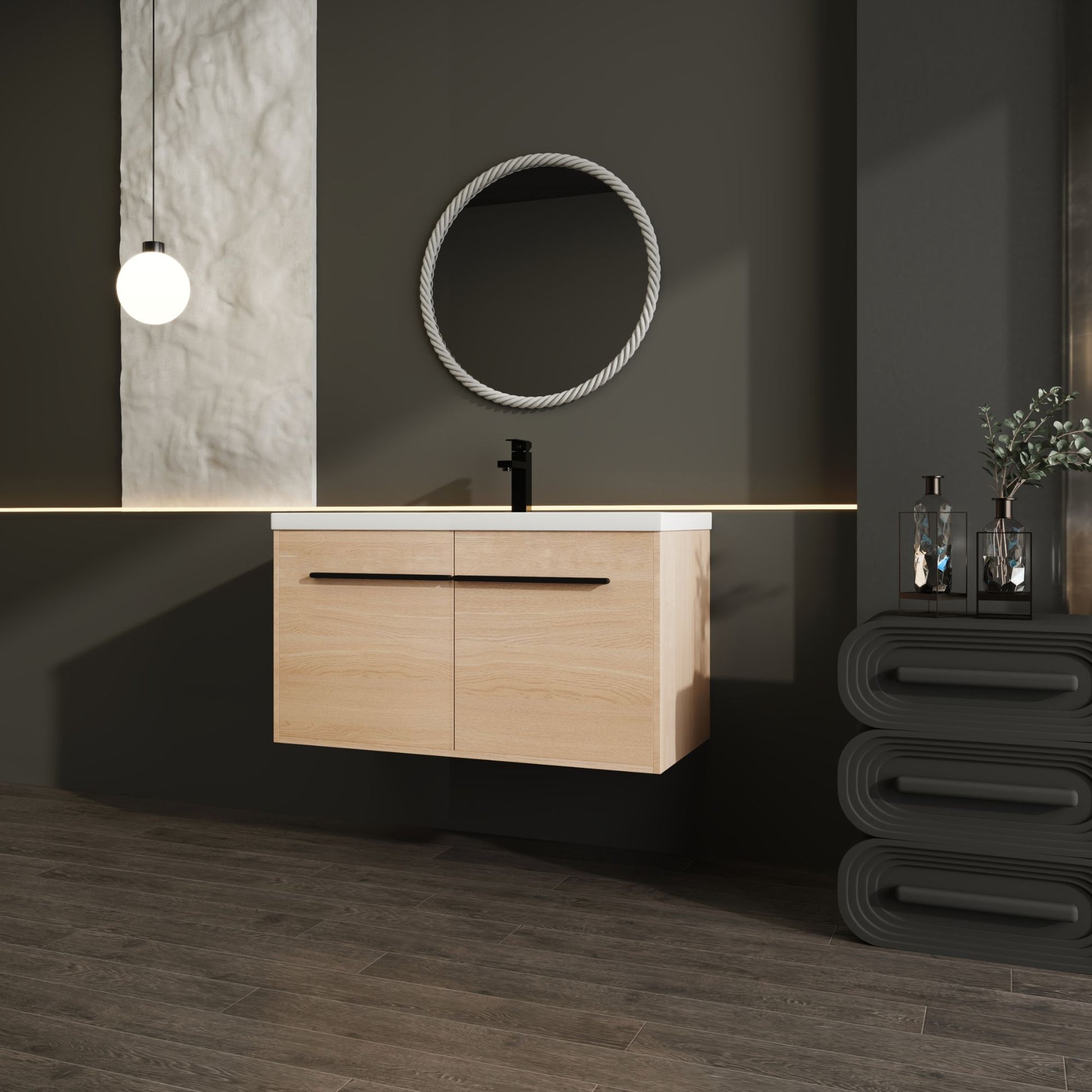 36" Wall Mounted Bathroom Vanity with Resin Basin, Natural Oak Finish, Double Door Plywood Cabinet, Modern Floating Vani image 5