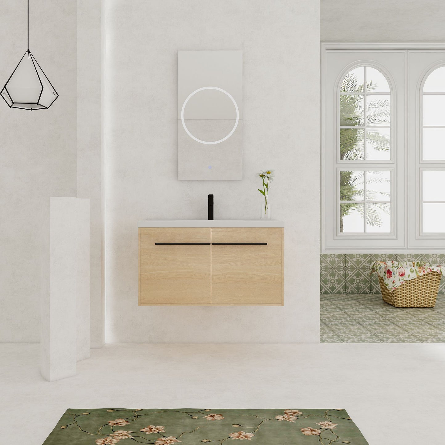 36" Wall Mounted Bathroom Vanity with Resin Basin, Natural Oak Finish, Double Door Plywood Cabinet, Modern Floating Vani image 4