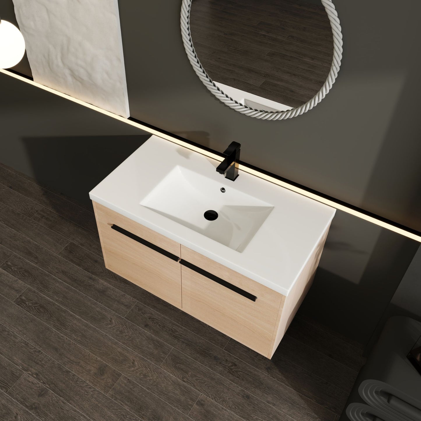36" Wall Mounted Bathroom Vanity with Resin Basin, Natural Oak Finish, Double Door Plywood Cabinet, Modern Floating Vani image 8