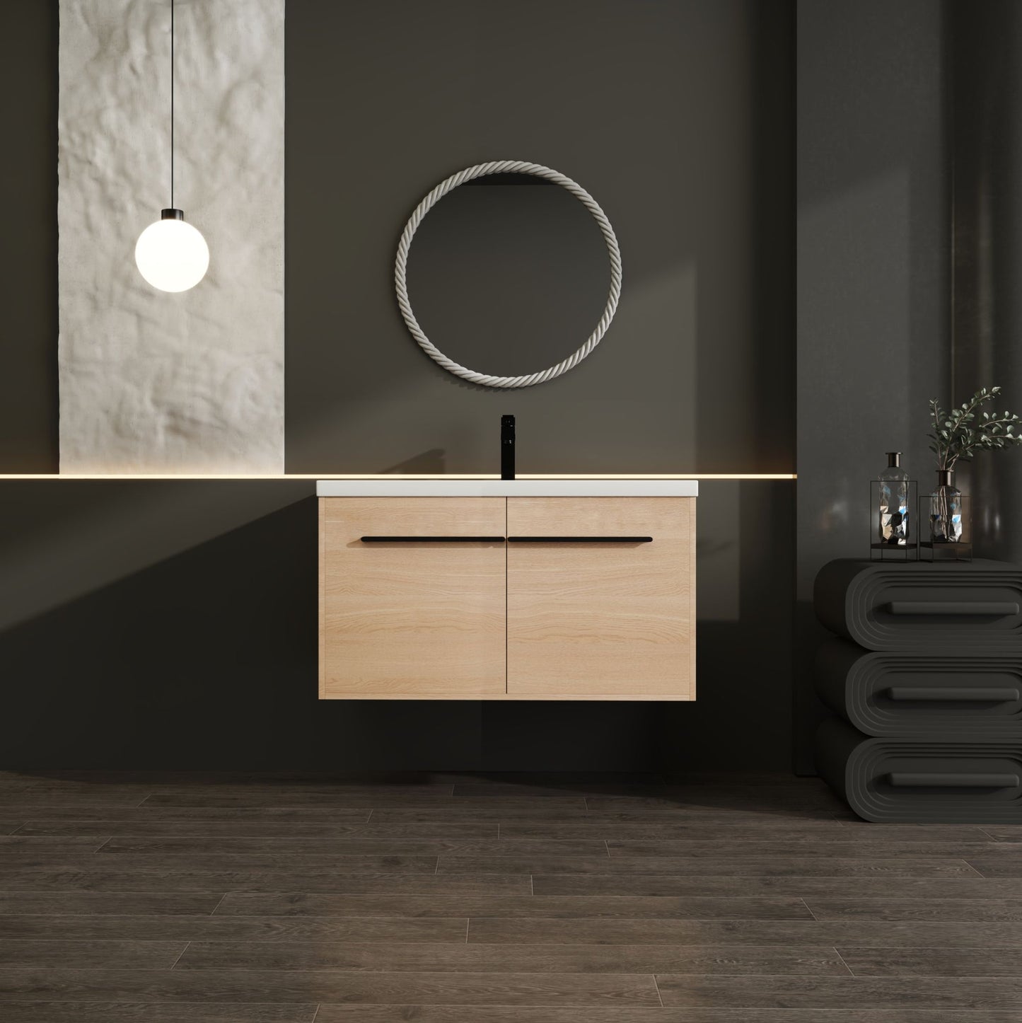 36" Wall Mounted Bathroom Vanity with Resin Basin, Natural Oak Finish, Double Door Plywood Cabinet, Modern Floating Vani image 3