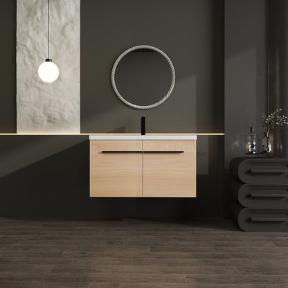 36" Wall Mounted Bathroom Vanity with Resin Basin, Natural Oak Finish, Double Door Plywood Cabinet, Modern Floating Vani image 3