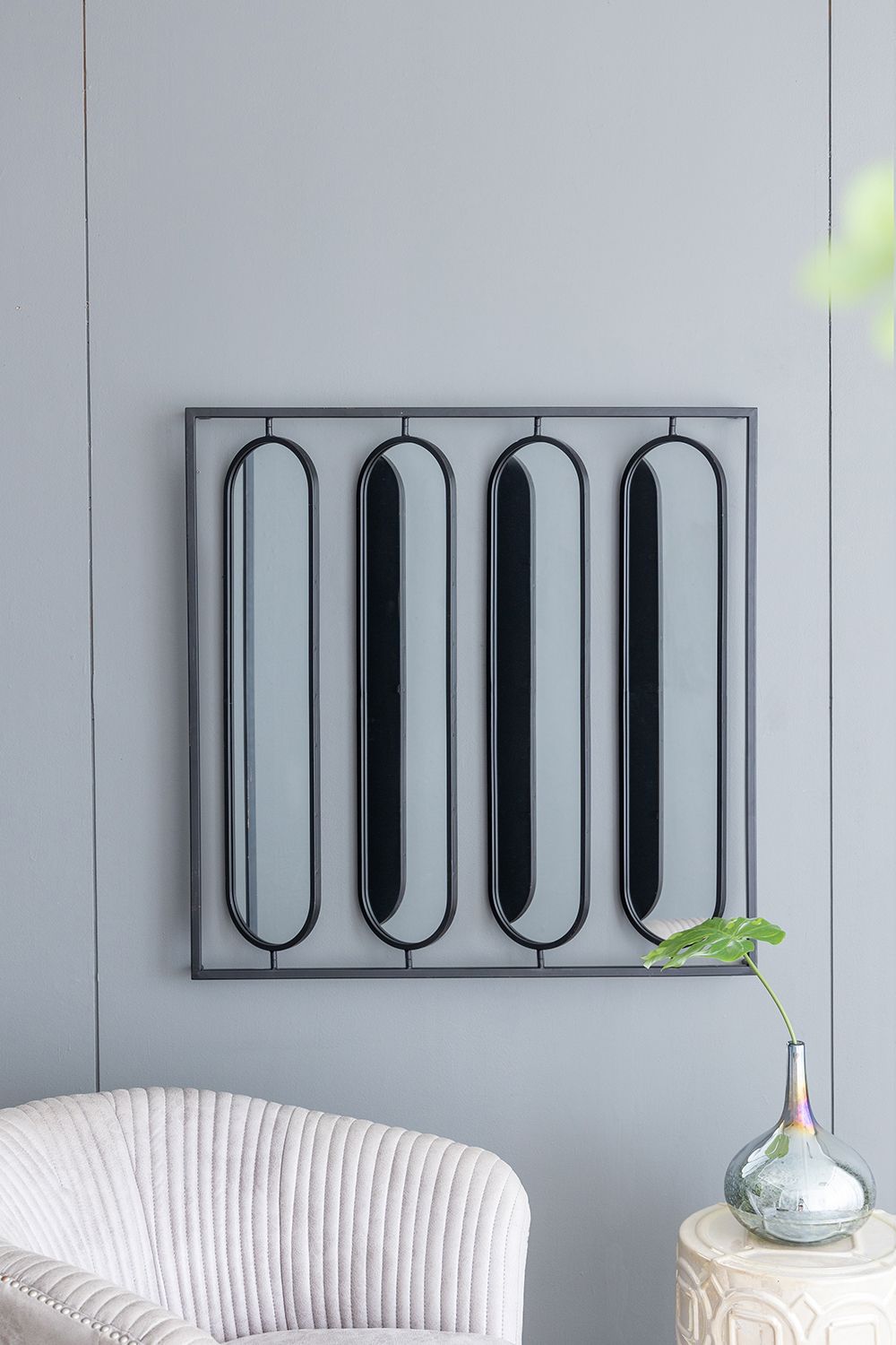 36x36 large four oval wall mirror with black square frame front view