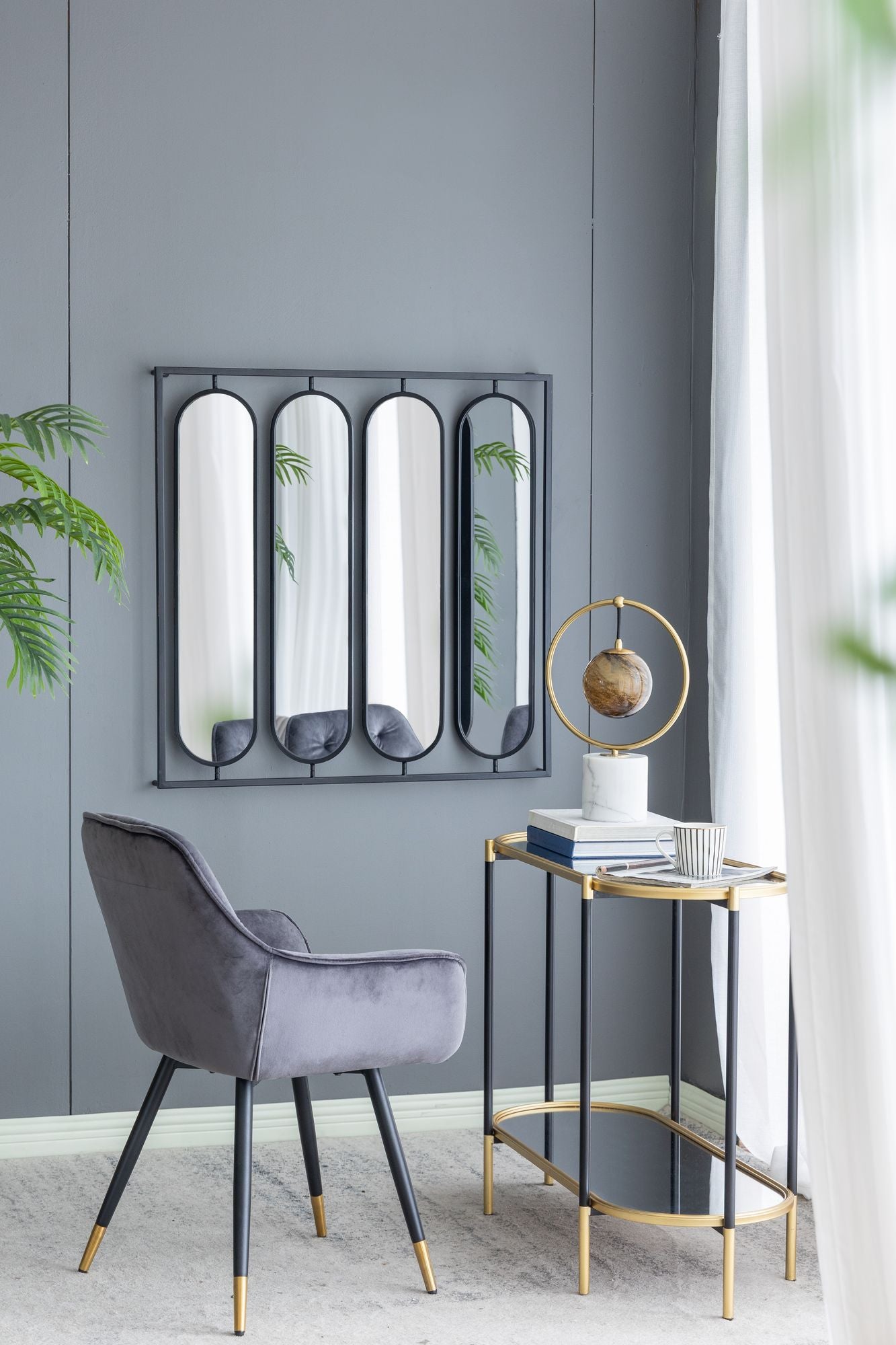 Four oval mirror wall decor black iron frame