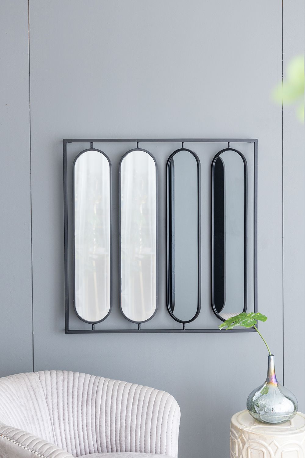 Large wall mirror with four oval mirrors black square frame