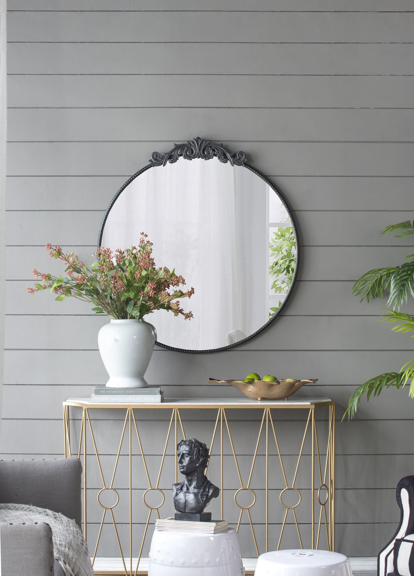 36x39 round baroque mirror black angled view