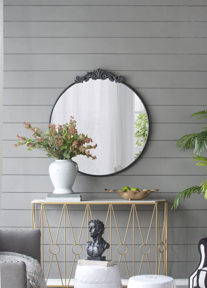 36x39 round baroque mirror black angled view