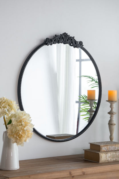 36x39 round baroque mirror black in bathroom setting