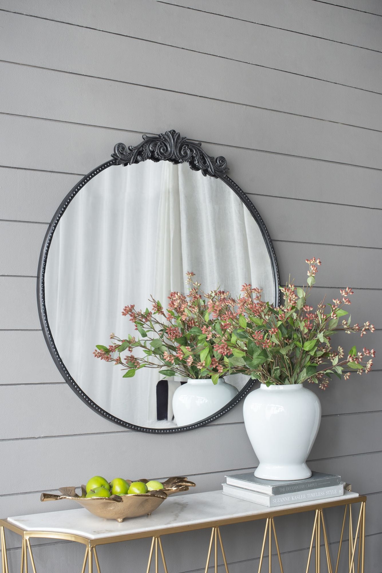 36x39 round baroque mirror black front view