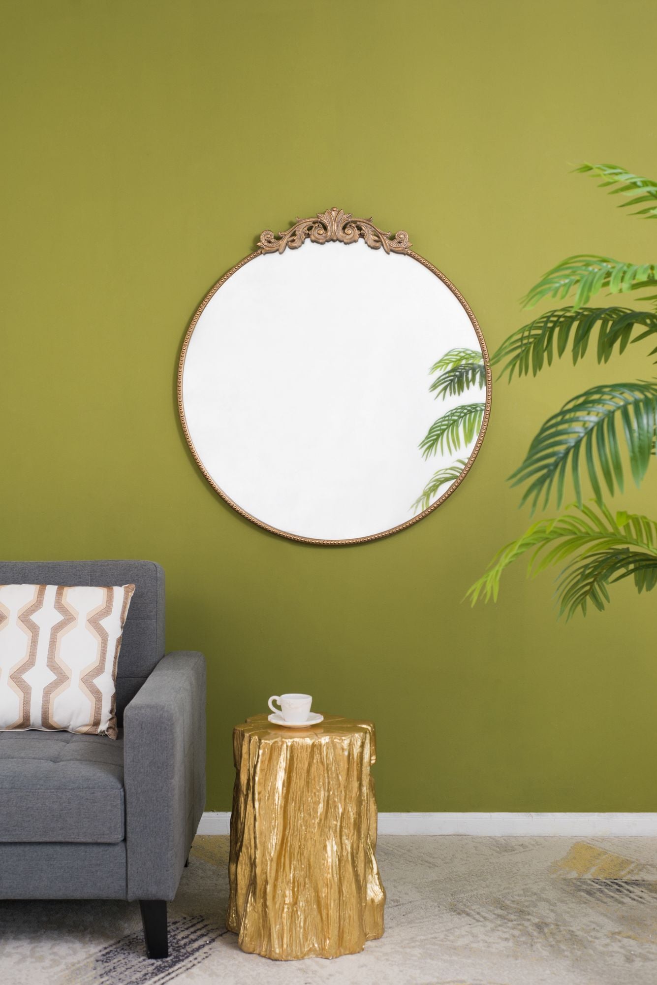 Round gold wall mirror 36x39 inch vintage metal frame - angle view