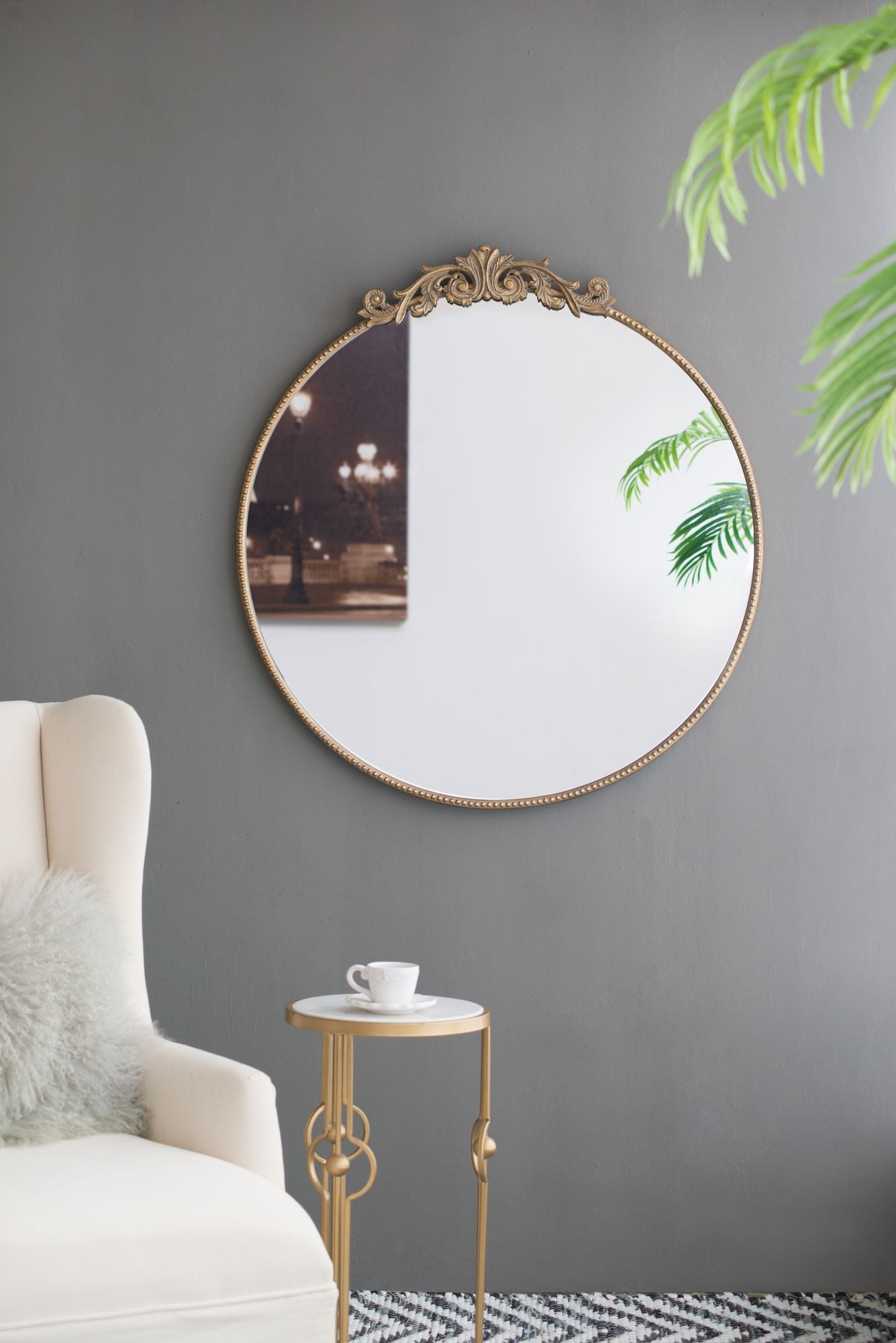36 inch round gold mirror with metal frame for bathroom living room - front view