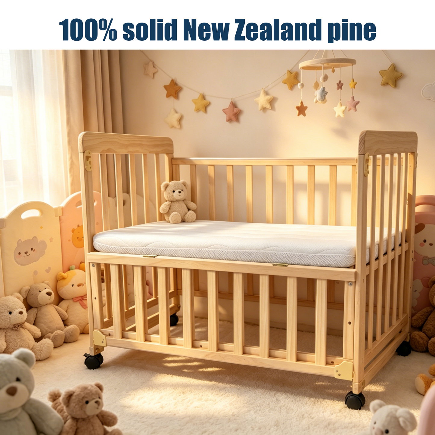 Baby Bassinets Bedside Sleeper - Portable Pine Wood Bedside Bassinet,3 Heights Small Mini Crib with Mattress 1.97 - 2.2in,Space-Saving Design Baby Crib for Newborns 0-36 Months image 5