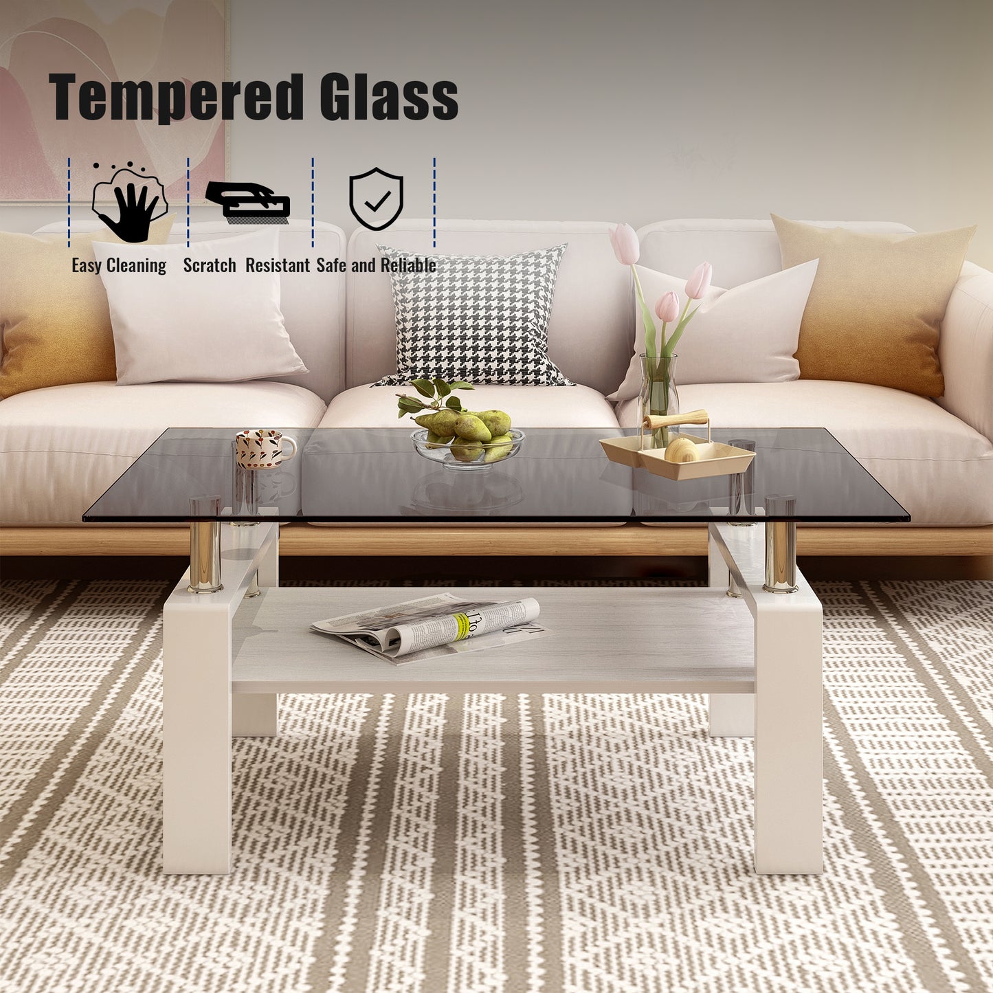 Rectangle Coffee Table, Tempered Glass Tabletop with MDF Layer, Modern Table for Living Room, Gray Glass image 11