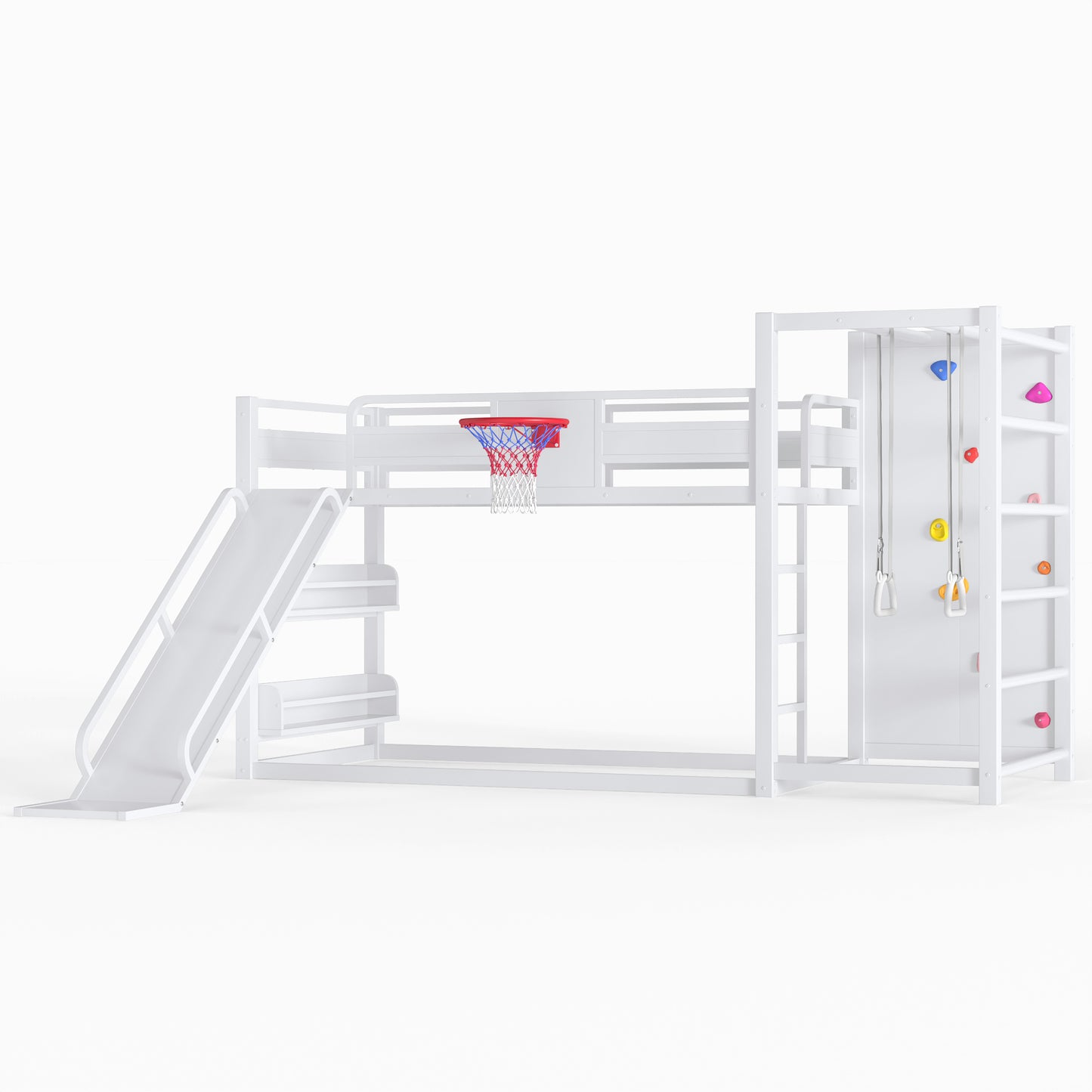 Twin size metal loft/bunk bed with basketball hoop, pull-up rings, climbing wall, and built-in bookshelves. Playful children's design featuring a slide,White image 8