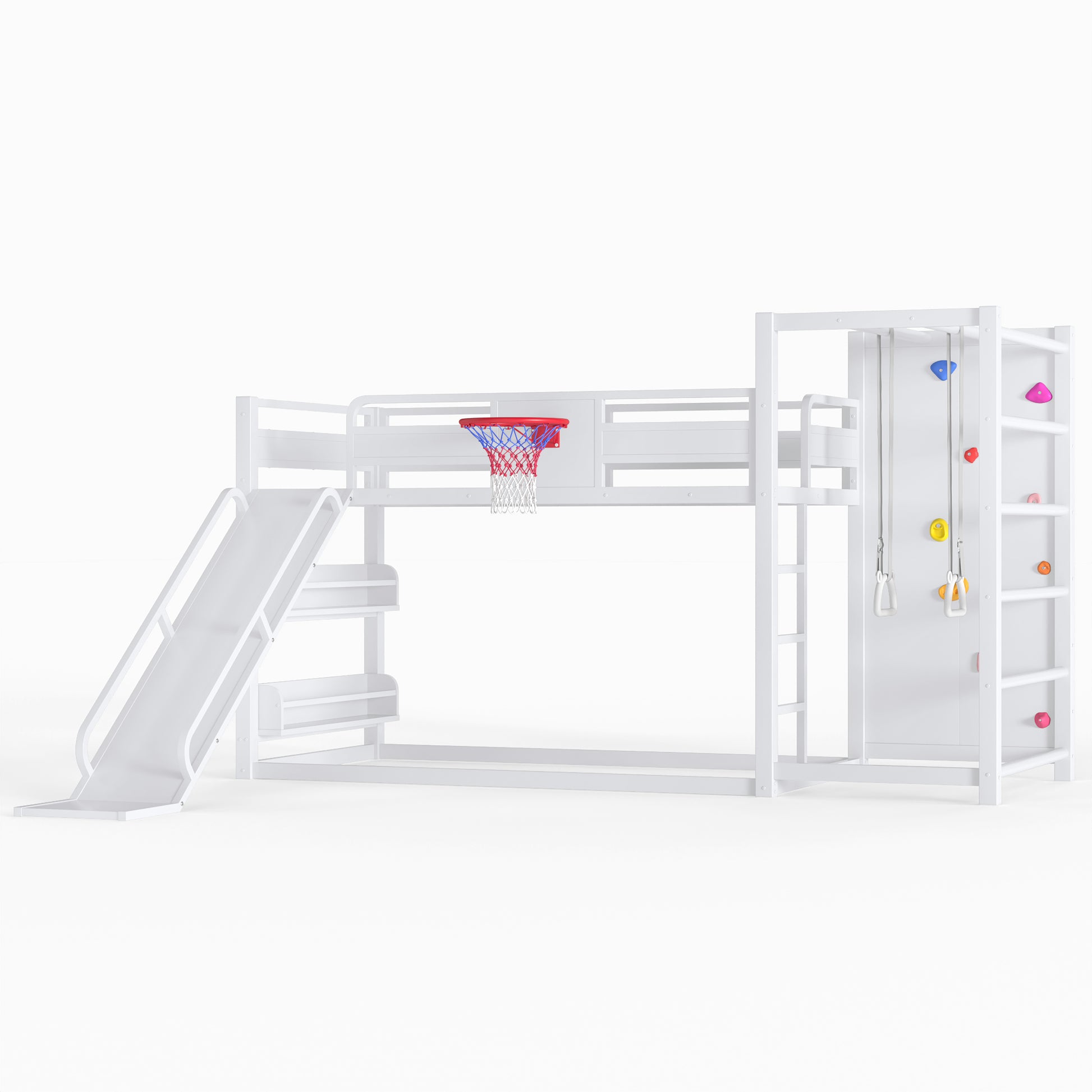 Twin size metal loft/bunk bed with basketball hoop, pull-up rings, climbing wall, and built-in bookshelves. Playful children's design featuring a slide,White image 8
