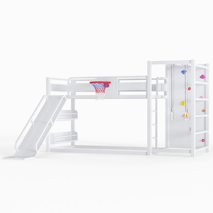Twin size metal loft/bunk bed with basketball hoop, pull-up rings, climbing wall, and built-in bookshelves. Playful children's design featuring a slide,White image 8
