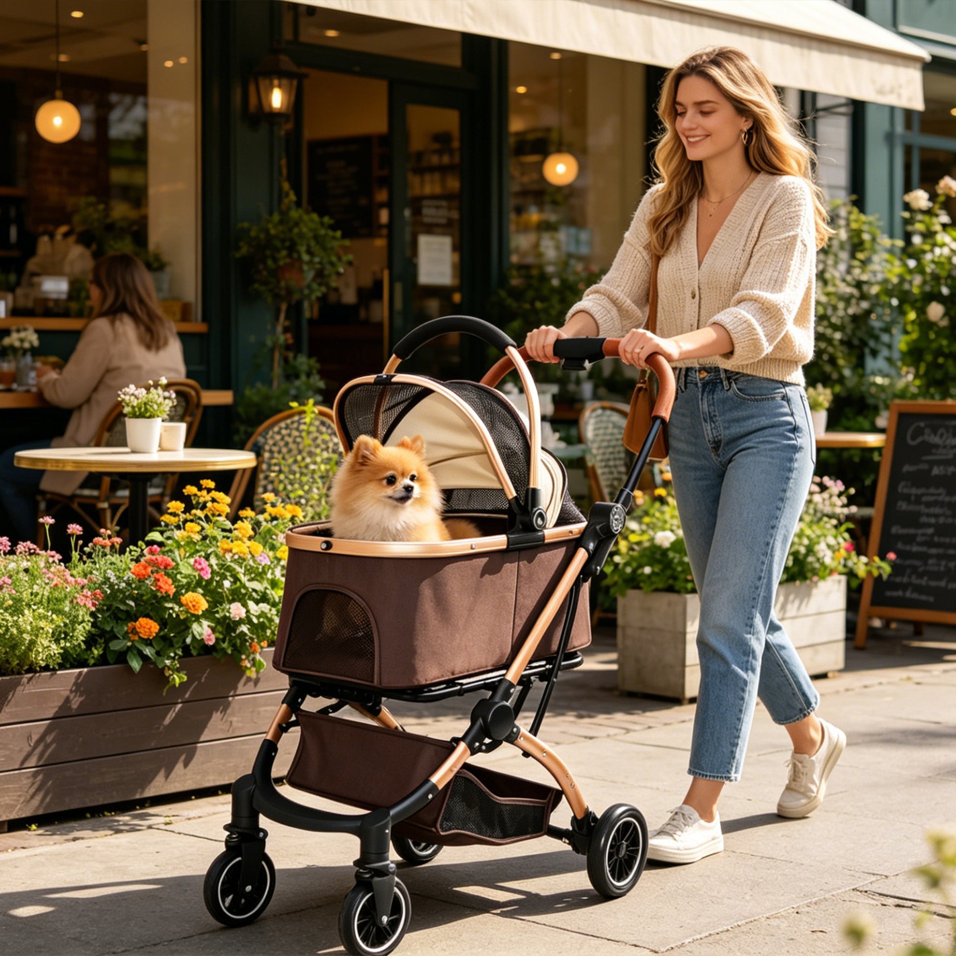 Pet Stroller for Dogs and Cats, 2-in-1 Detachable Foldable 4 Wheels Pet Stroller, Quick One-Hand Fold, Storage Basket, Detachable Carry Basket with Sun Canopy(Khaki++Gold) image 11