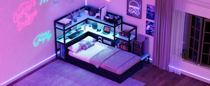 Twin Size Gaming Daybed with Integrated Desk and LED Light, Modern Wooden Bed Frame with 3 Storage Drawers and Built-in Charging Station, Multi-Functional Headboard Bookcase, Black+Blue image 10