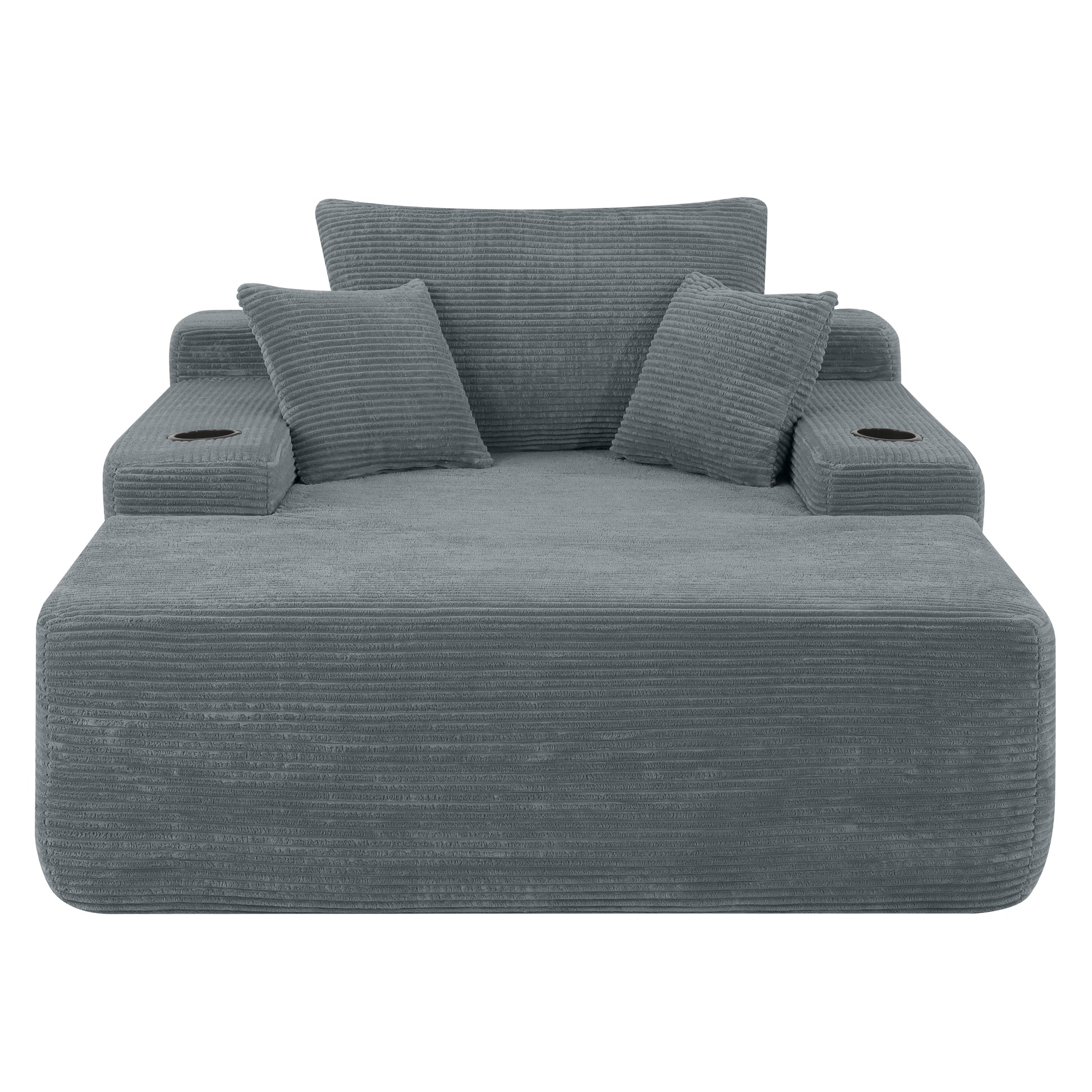 NEW Convertible Chaise Lounge Chair Corduroy with Wide Armrest & Throw Pillows, Cozy Boneless Sleeper Sofa Bed Armchair,with cup holder, for Living Room, Bedroom, No Assembly Required,Grey image 8