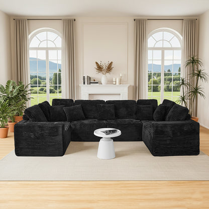 135.5-inch Modular U-Shaped Sectional Sofa, 6-Seater Chaise Lounge with Reversible Design, Striped Corduroy Fabric in Black–Customizable Living Room, Freely Configurable Layout.(Old Sku:W3276S00018) image 3
