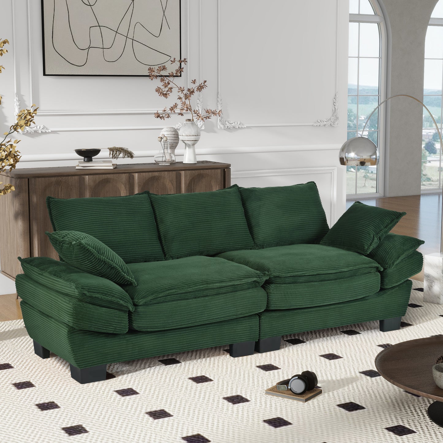U-Style 85.4" Modern Curved Sofa, Back Upholstered Couch with 2 Decorative Throw Pillows, Corduroy Fabric Couch for Living Room, Bedroom, Apartment image 3