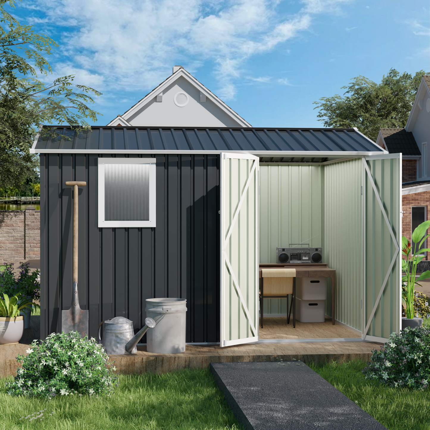 9*6 FT Metal Garden Shed for Patio Backyard Tools House Storage Shed with One Window 9.5 x 6.7FT image 1