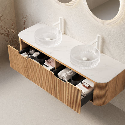 DINA 60" Bathroom Vanity&Sinks, Floating Curved Edges Striped Storage Cabinet with 2 Drawers, 2 Transparent Round Glass Basins&Carrara White Sintered Stone Top, Pre-assembled, Natural Woodgrain Color image 2