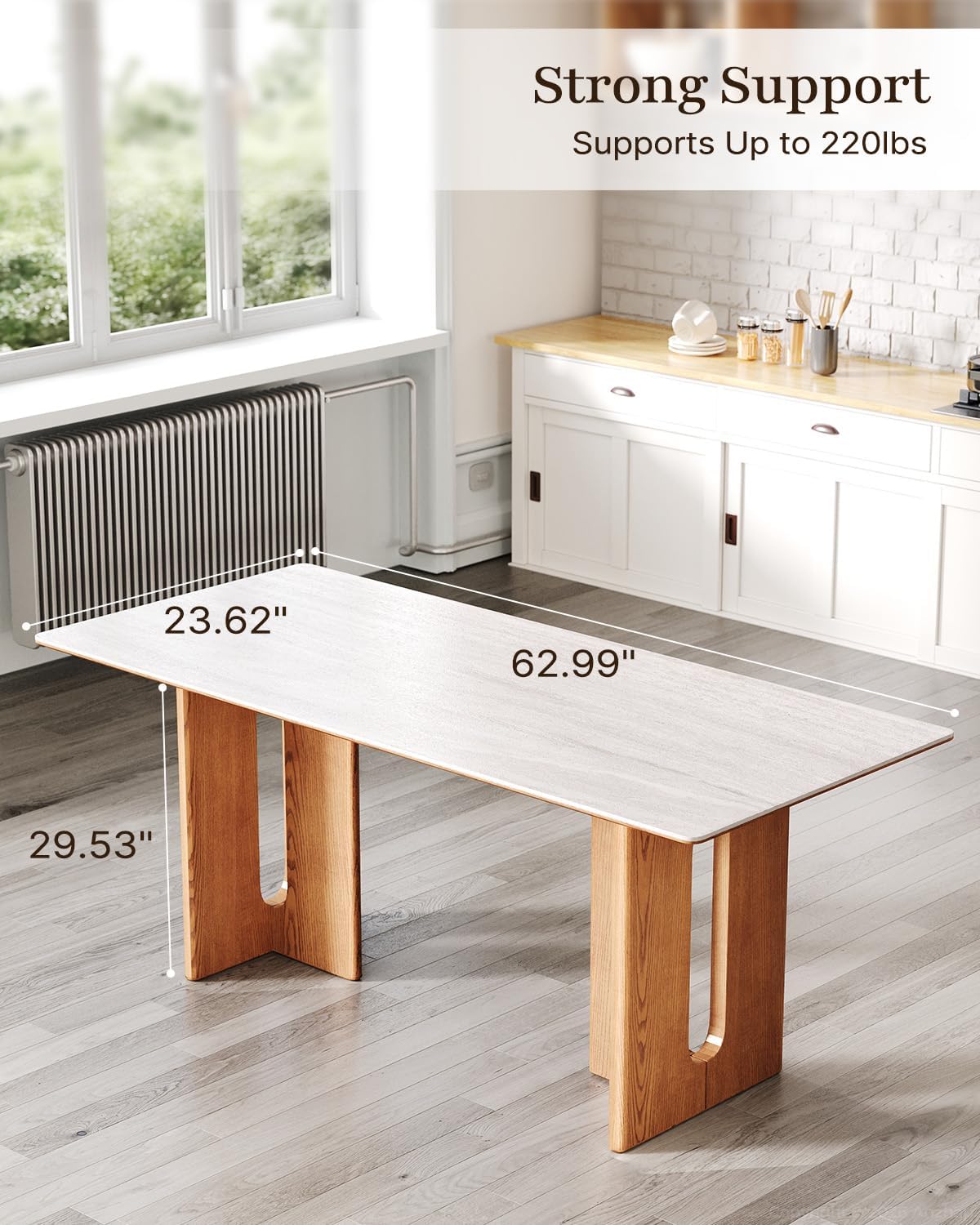 62.9-Inch Dining Table for 4–6 People, Rectangular Kitchen Table with Sintered Stone Top & Solid Wood Legs, Modern Dining Table for Kitchen, Dining Room & Living Room image 2