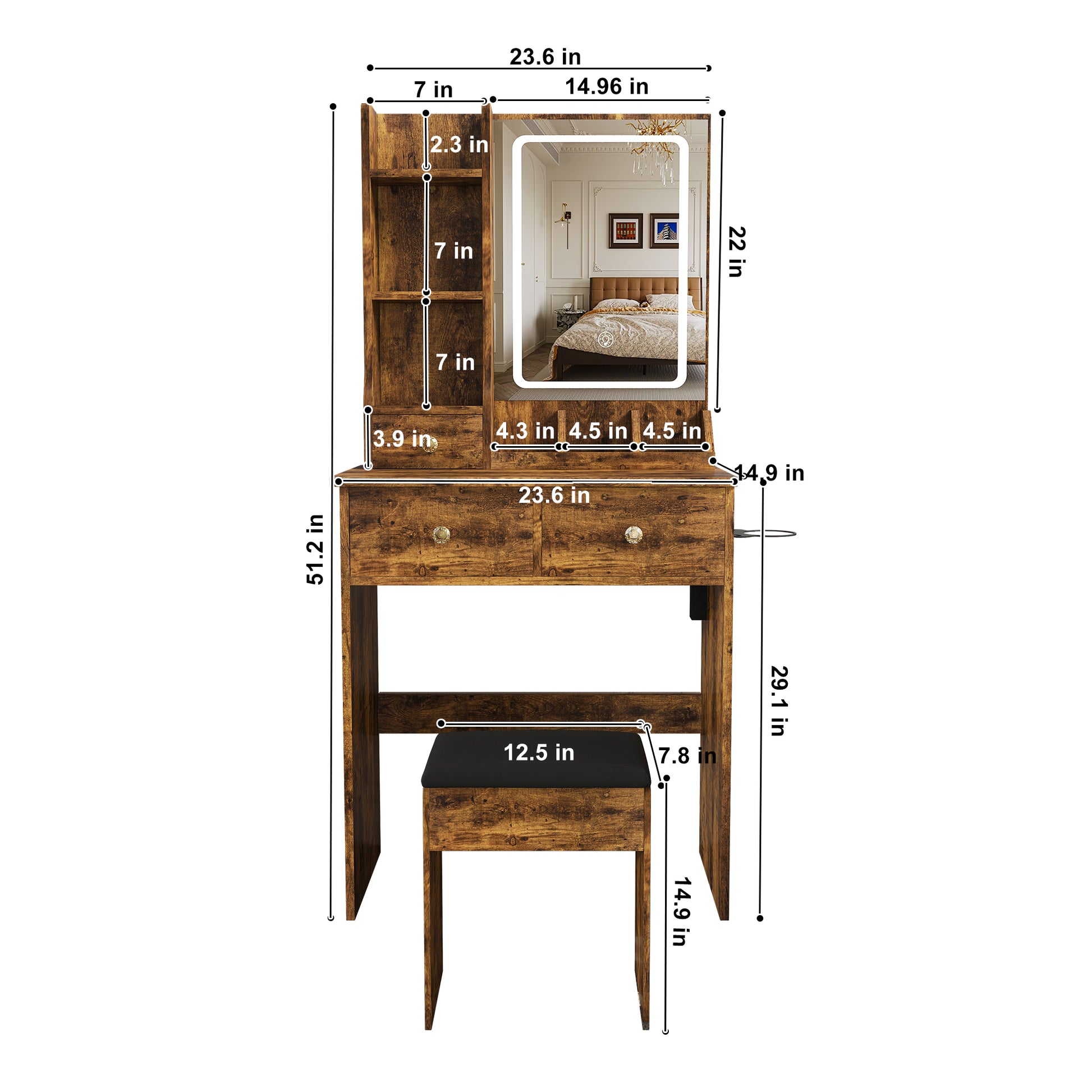 Modern small Vanity Desk,featuring 3 modes of LED lighting with adjustable brightness, 3 drawers and multiple open storage shelves, a hair dryer holder and power socket, and a dressing chair. brown image 4