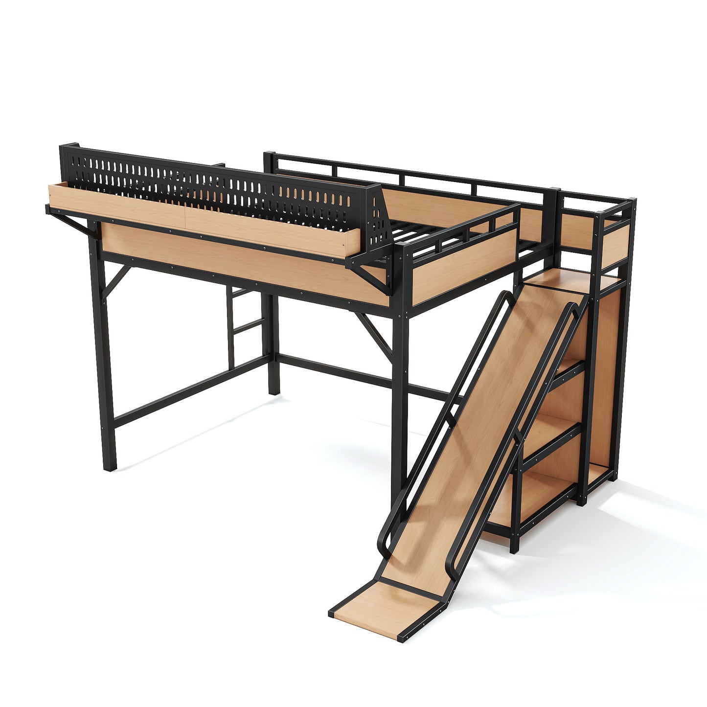 Queen Size Loft Bed with Slide, Storage Shelves and Built-in Wardrobe, Metal Loft Bed Frame with USB Ports and LED Lights, with Pegboard, Safety and Solid, Natural image 11