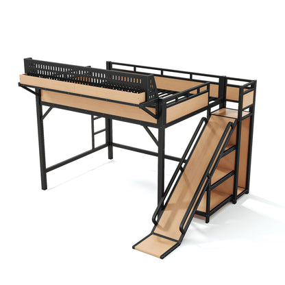 Queen Size Loft Bed with Slide, Storage Shelves and Built-in Wardrobe, Metal Loft Bed Frame with USB Ports and LED Lights, with Pegboard, Safety and Solid, Natural image 11