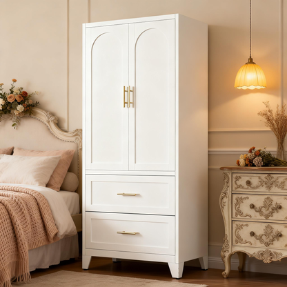 71" Tall Metal Wardrobe Cabinet with 2 Drawers and Hanging Rod, 2 Doors Wardrobe Closet with Shelf for Bedroom, Office, Laundry Room,Entryway,Foyer,Guesthouse (White) image 1