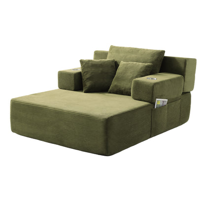 Luxurious Plush Corduroy Chaise Lounge with 3 Pillows, Convertible Sofa Bed with Storage Pocket, Frameless Design & Compression Foam for Small Spaces image 1