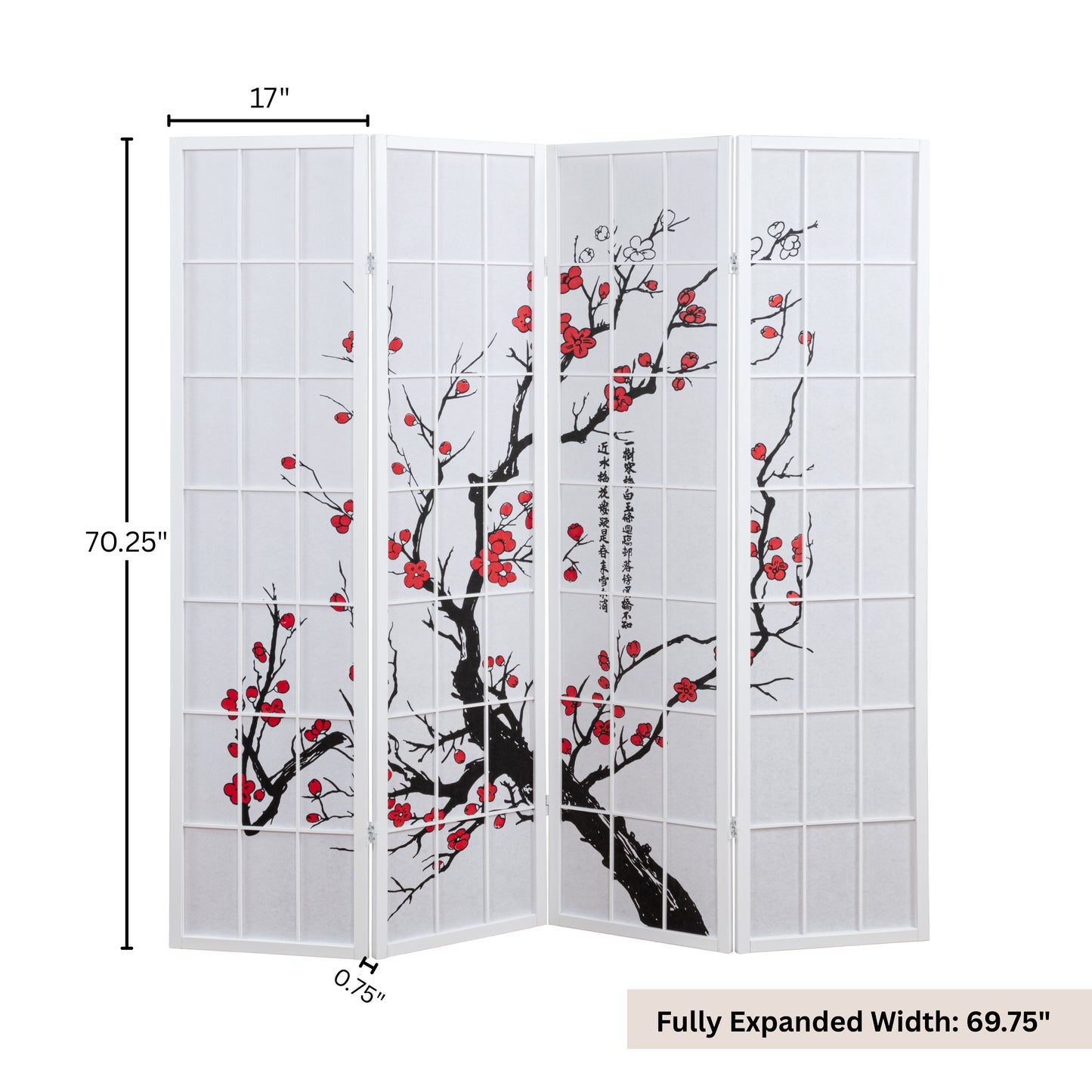 Elandra 4-Panel Room Divider, Light-Filtering Non-Woven Fabric Panels, Plum Blossom Print, Foldable Freestanding Privacy Screen, White image 6