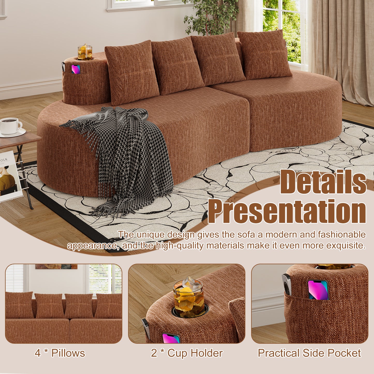 Modern Curved Sectional 3 Seat Minimalist Elegant Half Moon Sofa Compressed Modular Sectional Sofa for Living Room, Office, Apartment image 2