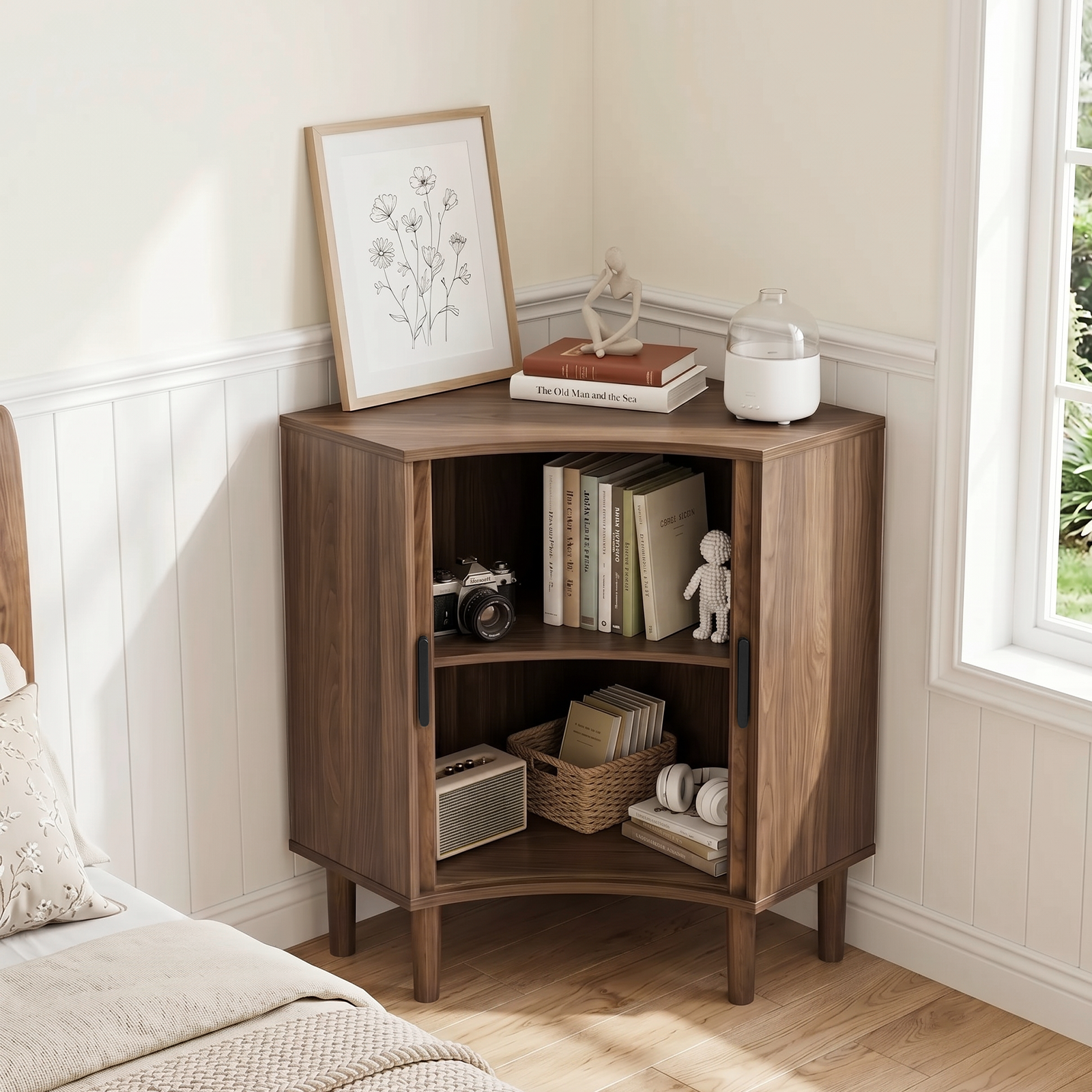 Fluted Corner Cabinet, Small Corner Floor Cabinet with Sliding Doors and Adjustable Shelves, Modern Wooden Freestanding Narrow Storage Cabinet for Small Space,Living Room,Dining Room,Bathroom, Walnut image 4