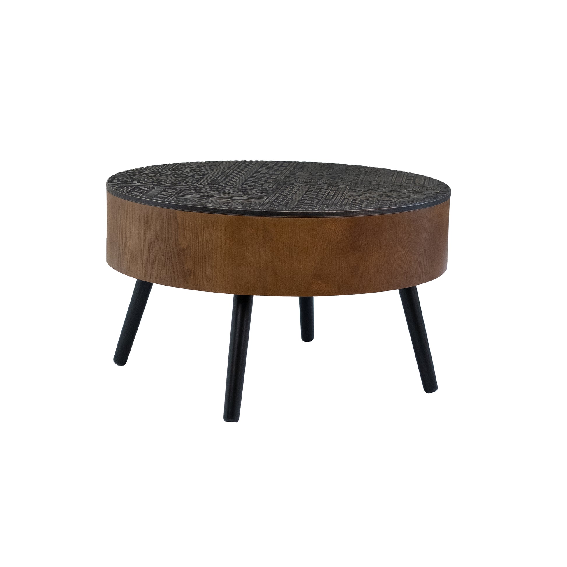 31.5-inch Round Carved Coffee Table with Storage Space, Mid-Century Modern Style Wooden Coffee Table, Four-Leg Design, 18-inch High, Living Room Accent Table (Brown and Black) image 11